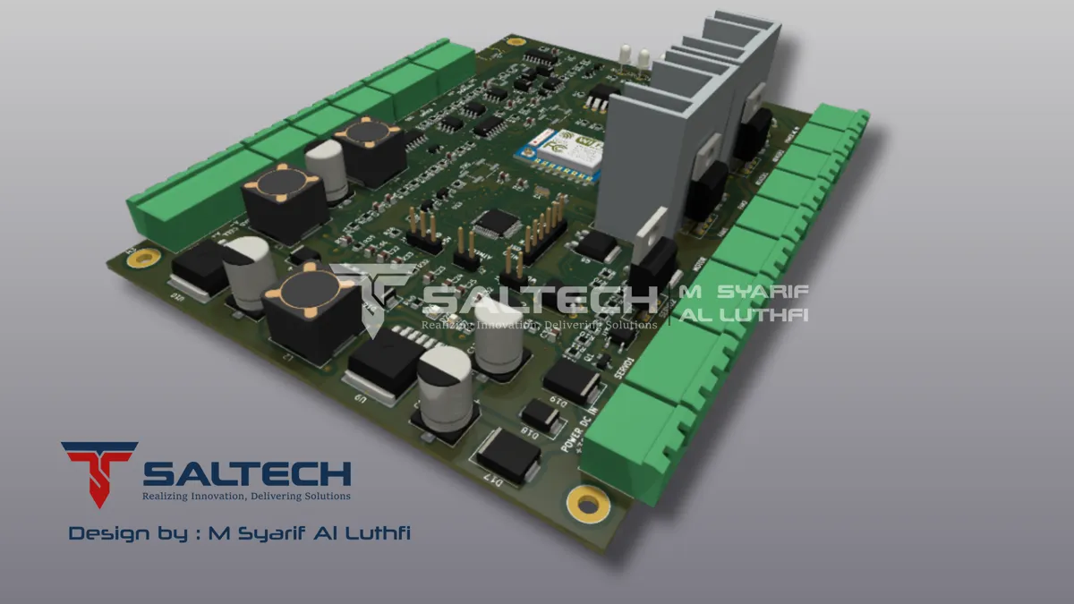 Render 3D board daya dengan heatsink karya SALTECH