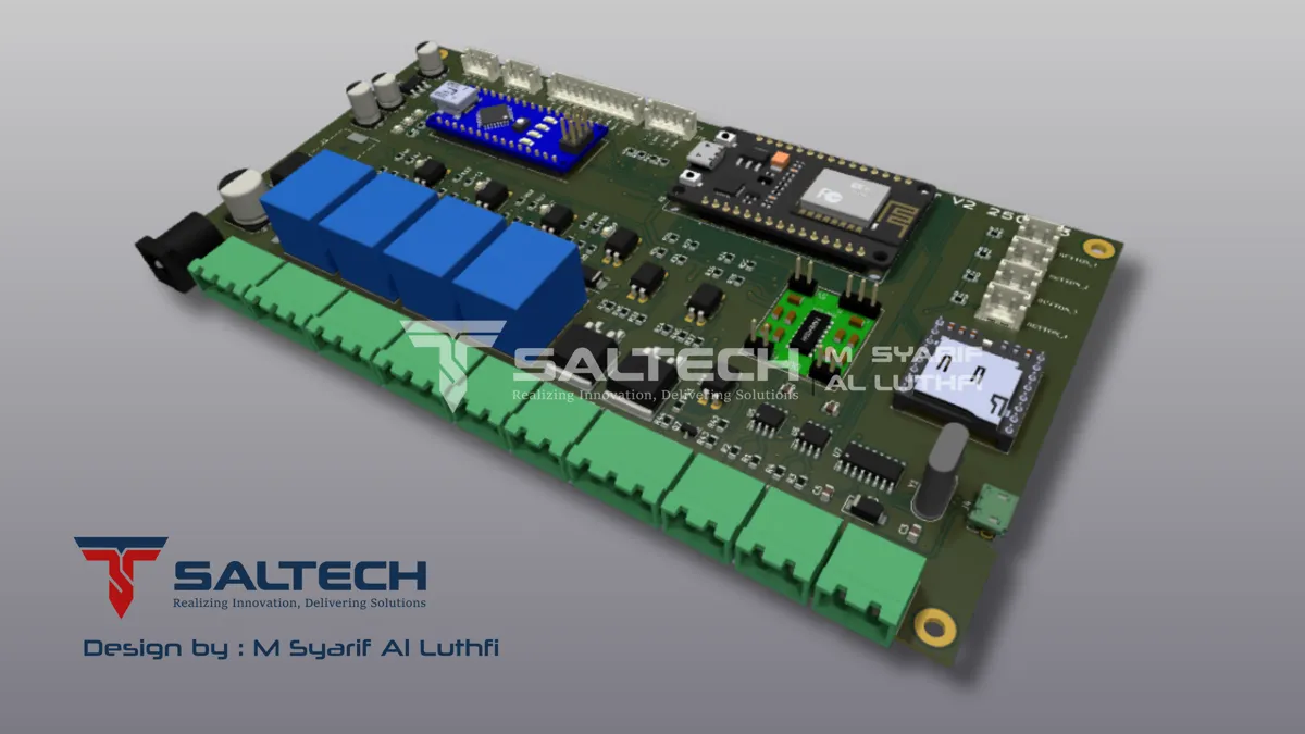 Render 3D board relay + modul wireless karya SALTECH