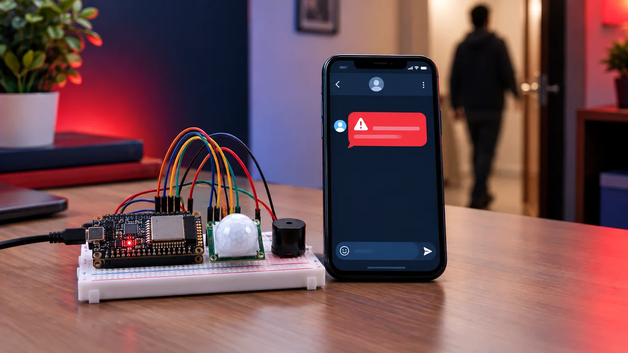 Alarm ESP32 dengan sensor PIR dan notifikasi peringatan di HP