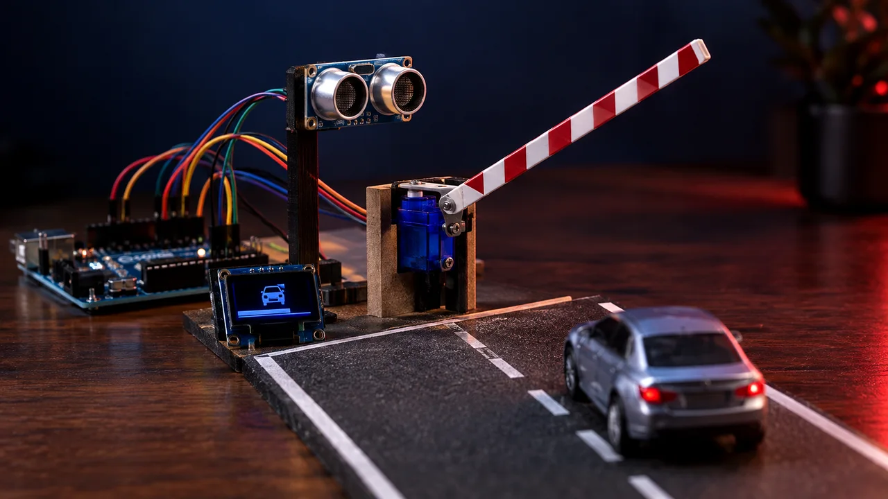 Miniatur palang parkir otomatis dengan Arduino, sensor ultrasonik, servo, dan OLED